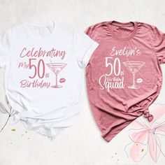 two t - shirts with the words celebrating 50 and qud in pink on them