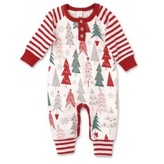 "Christmas Henley romper with Christmas tree print and red stripe trim. Baby will be outfitted cute and comfy in our super-soft 100% cotton rib material. Complete this outfit by adding an optional coordinating striped knotted hat. Buy both items and save! SHIPPING & PROCESSING TIME Free Shipping on all Items (domestic only) via 1st Class USPS. Our usual processing time is 3-5 business days. Transit time is usually be 1-4 business days domestically, and 3-12 business days internationally. You Christmas Baby Romper, Baby Boy Christmas, Christmas Romper, Outfit Matching, Girls Christmas Outfits, Unique Baby Gifts, Baby Boy Romper