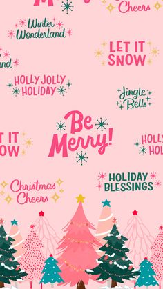 a pink christmas card with trees and snowflakes on the bottom, and words below it