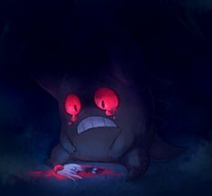 a cartoon character with red eyes sitting in the dark