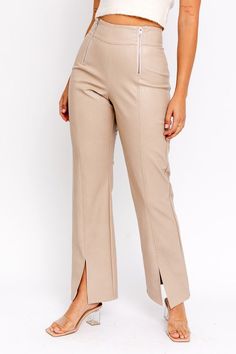 After Party Pant is the fall pant of the season. These pants have an amazing double zipper detail to give a comfortable high waisted look. Model is wearing a size small MODEL SPECS HEIGHT: 5'9" BUST: 32B WAIST: 24" HIPS: 34" 55% PU 45% VISCOSE Double Zipper Detail High Waisted Beige Color Trendy Spring Pants With Zipper Closure, Trendy High Waist Pants With Zipper Closure, Chic Wide Leg Pants With Zipper Closure, Trendy Trousers With Zipper Closure, Trendy Trousers With Zip Fly, Trendy Straight Leg Pants With Zipper Closure, Chic Wide Leg Bottoms With Zipper Closure, Trendy High Waist Pants With Zip Fly, Wide Leg Bottoms With Zipper Closure For Fall