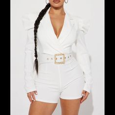 Romper Collar Puff Sleeve Belt Invisible Back Zipper Short Stretch Belted Romper, Zipper Shorts, Fashion Nova Pants, Fashion Nova, Puff Sleeve, Pant Jumpsuit, Jumpsuit Romper, Women's Fashion, Color White