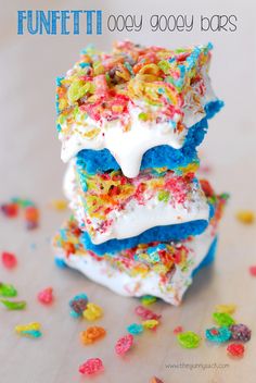 some kind of food that is stacked on top of each other with the words funfetti today goody bars