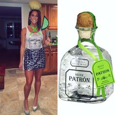 a woman standing next to a bottle of patron ginnix in a kitchen and another photo