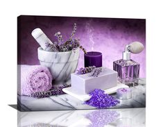 a marble counter top topped with purple items