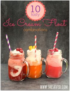 three mason jars filled with ice cream floatrs