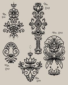 four different designs on a gray background with numbers in the bottom right corner and an ornamental design at the top left corner