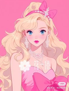 an anime character with blonde hair and blue eyes, wearing pink dress in front of a pink background