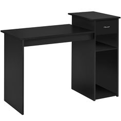 a black desk with an open shelf on the top and one drawer at the bottom