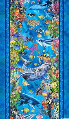 an ocean scene with dolphins and fish on blue water by the sea wallpaper border