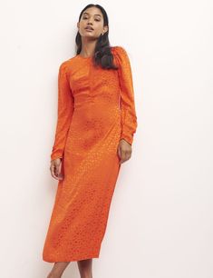 Orange Long Sleeve, Sleeve Midi Dress, Long Sleeve Midi, Shades Of Orange, Vibrant Orange, Long Sleeve Midi Dress, Strappy Heels, Favorite Things List, Round Neckline