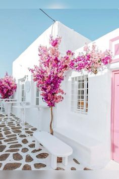 a white bench sitting in front of a pink door and window on a building next to the ocean