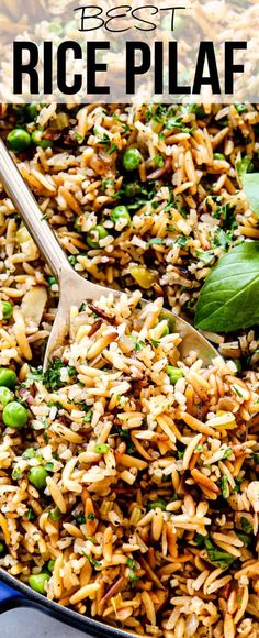 rice pilaf with peas and spinach in a skillet