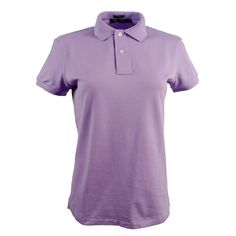 SIZE: X-Small 97% Cotton, 3% Elastane, Women's cotton polo shirt. Classic fit. Ribbed polo collar. Two button placket. "Ralph Lauren" engraved buttons. Short sleeves with ribbed armbands. Even vented hem. Size: XS.  Color: Purple.  Gender: female.  Age Group: adult. Classic Fitted Collared T-shirt, Slim Fit Cotton Top With Polo Collar, Classic Slim Fit Polo Collar Top, Fitted Polo Collar Shirt, Classic Slim Fit Collared Polo Shirt, Slim Fit Collared Cotton Polo Shirt, Fitted Solid Shirt With Polo Collar, Slim Fit Cotton Collared Polo Shirt, Casual Purple Collared Top