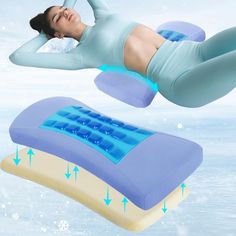 a woman laying on top of an inflatable mattress next to a pillow that is shaped like a recliner