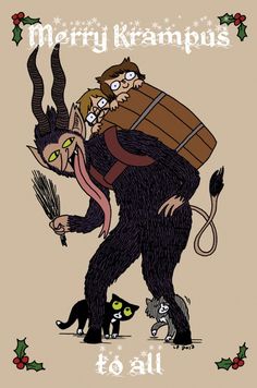 a card with an image of a man in a gorilla suit carrying a barrel and two cats