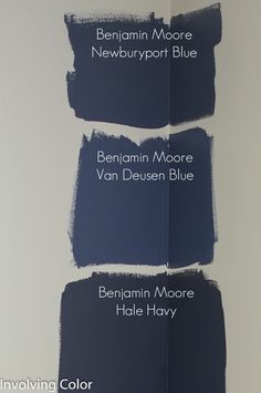 three shades of blue paint with the names of each color on them, and one is labeled