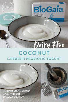 the ingredients to make dairy - free coconut yogurt are shown in this collage