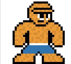 an old school pixel art character in blue shorts