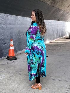 "Stunning Maxi Cardigan in Colorful Tie Dye, S-3XL A Maxi Cardigan with Pockets, Extra Long Sleeves with Thumbhole! The fabric is a lightweight Ribbed Rayon Jersey, as you can see, dyes up dreamy! Color Combo Name: NORTHERNLIGHTS purple-aqua-green-black Modeled in a 2xl by a 5'5\" tall 36DD-32-45 goddess, who would really just needs a Large/XL. As you can see, the 2XL is way too big on her. Available sizes; S-3XL RUNS GENEROUS! This is a LONG Cardigan, the small is 50\" long, the bottom is 6\" h Spring Multicolor Loungewear Cardigan, Spring Multicolor Cardigan For Loungewear, Maxi Cardigan, Cardigan With Pockets, Extra Long Sleeves, Tie And Dye, How To Dye Fabric, Aqua Green, Color Combo