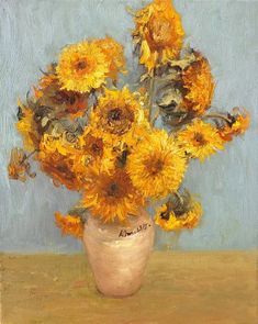 a painting of sunflowers in a vase on a table