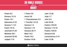 the 30 bible verses about night with pink and white stripes, on a red background