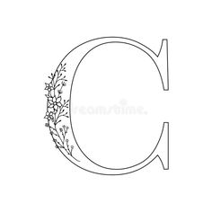 the letter c is decorated with flowers and leaves in black ink on a white background royalty illustration