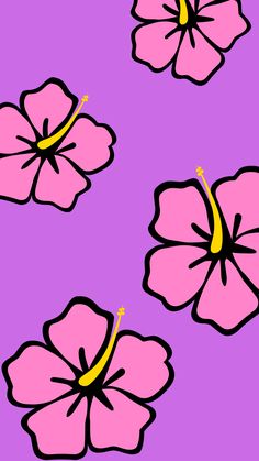 three pink flowers on a purple background with yellow stems in the center and two petals at the bottom