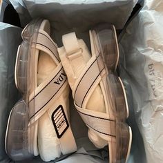 Gorgeous Prada Sandals With Gel Sole. New In Original Packaging With Dust Bag White Sandals With Translucent Outsole For Beach, Designer White Sandals With Rubber Sole, Luxury White Synthetic Sandals, Prada Sandals, Shoes Prada, Prada Shoes, Pointe Ballet, Women's Shoes Sandals, Ballet Shoes