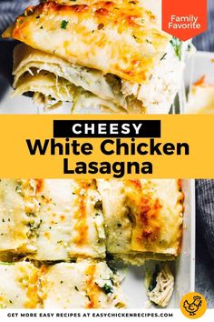 cheesy white chicken lasagna on a plate with the title overlay