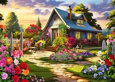 a painting of a garden with flowers and a house in the background that has a pathway leading to it