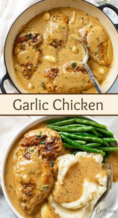 two pictures of chicken and gravy with green beans in a skillet on the side