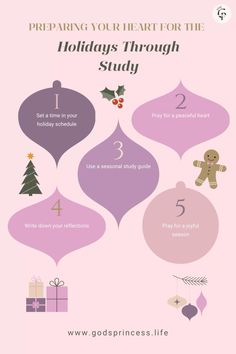 a pink and purple christmas card with the words preparing your heart for the holidays through study