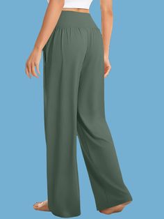 These stylish trousers feature the popular trend of wide leg design, giving you a chic and modern look. The high waist and conveniently placed pockets add both style and functionality to these pants. Elevate your fashion game with these GYPSY trousers. 🔷 Product Measurements (Inch) Size HIP WAIST LENGTH S | 42,5 | 26.8 | 41.7 M | 44.1 | 26.3 | 42,1 L | 45.7 | 29.9 | 42,5 Material composition: 100% polyester Care instructions: Machine wash cold. Tumble dry low Solid Color Full Length Pants For Loungewear, Full Length Solid Color Pants For Loungewear, Solid Color Full Length Loungewear Pants, Full Length Solid Color Loungewear Pants, Versatile Full-length Pants With Elastic Waistband, Versatile Full Length Pants With Elastic Waistband, Wide Leg Solid Color Harem Pants For Loungewear, Green Solid Wide-leg Pants, Trendy Full-length Solid Color Pants