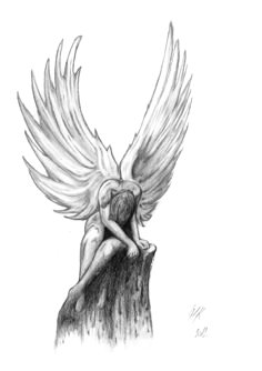 a pencil drawing of an angel sitting on top of a rock