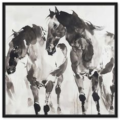 black and white painting of two horses running in opposite directions, with one horse facing the other way