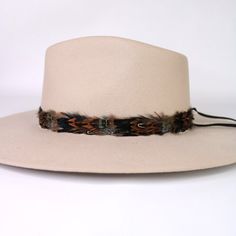 Natural feather hat band. Adjustable with a leather tie. Colors: Copper/brown, greyish blue, iridescent black. Natural colored feathers Adjustable hatband Approx. 1 inch wide *This product is for 1 single hat band. Hat not included. Brown Hat Bands With Feathers For Western-themed Events, Brown Hats With Feathers For Country Events, Brown Feathered Hat For Country Events, Brown Hat Bands With Feathers For Western Events, Adjustable Feathered Top Hat For Kentucky Derby, Adjustable Brown Fedora With Feathers, Adjustable Top Hat With Feathers For Kentucky Derby, Brown Hat With Feather Trim For Country Events, Western Brown Hat Bands With Feather Trim