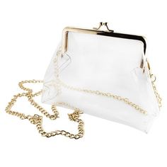 "Kiss Lock Crossbody - Clear PVC with gold or Silver hardware accents (chain and clasp) Our Adorable stadium compliant crossbody features a clear PVC body with silver or gold hardware accents and a beautifully timeless silver or gold chain. The main compartment features a classic kiss lock closure for securing your personal items within. * Measures 7.25\" x 5.5\" x 2\"" Capri Design, Clear Stadium Bag, Clear Handbags, Stadium Bag, Clear Purses, Monogram Styles, Navy And Brown, Clear Bags, Small Crossbody Bag