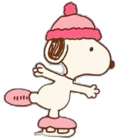 a cartoon dog wearing a pink hat and skating