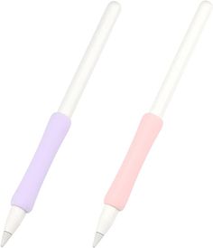 two pastel colored pens are sitting side by side on a white surface, one is pink and the other is purple