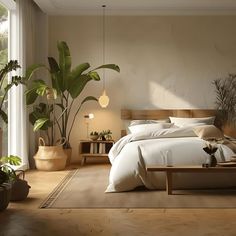 a large bed in a bedroom next to a plant filled wall with potted plants