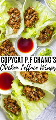 lettuce wraps filled with chicken and sauce on top of a white tablecloth