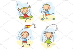 four stickers with children playing and jumping on the ground, one girl is holding a kite