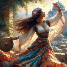 a painting of a woman with long hair dancing