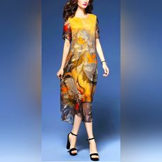 Wsirmet Women's Chiffon Chinese Style Printed Loose Fit Long Dress Yellow. Fabric Neilon, Silk. Size M-L. The Fabric Does Not Wrinkle And Does Not Lose Color. Spring Yellow Chiffon Midi Dress, Summer Chiffon Dress With Short Sleeves, Casual Yellow Chiffon Maxi Dress, Flowy Yellow Chiffon Dress, Elegant Yellow Chiffon Dress For Summer, Elegant Yellow Maxi Chiffon Dress, Elegant Yellow Chiffon Summer Dress, Yellow Chiffon Dress For Spring, Elegant Yellow Maxi Length Chiffon Dress