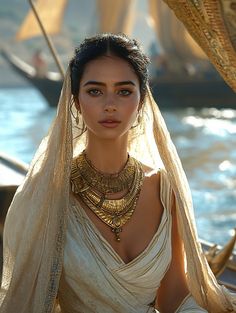 a beautiful woman in a white dress sitting on top of a boat