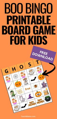 a halloween printable board game for kids with the words boo bingo printable board game for kids