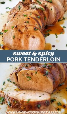 pork tenderloin is sliced and served on a white plate