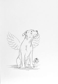 a black and white drawing of a dog with wings on it's back sitting next to a flower