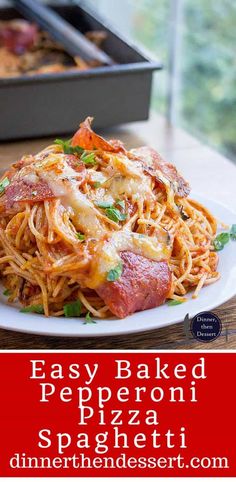 easy baked pepperoni pizza spaghetti on a white plate